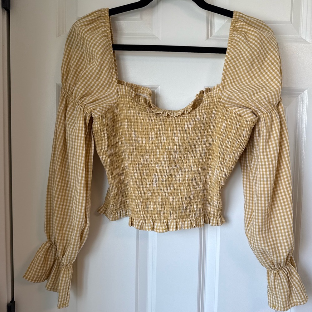 Urban Outfitters Yellow Ruffled Ruche Crop‎ Top Smocked Long Sleeve Checkered S - Picture 6 of 14